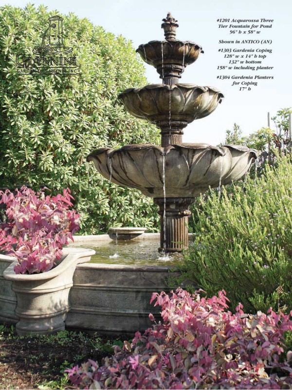 Acquarossa Three Tier Fountain for Pond, Gardenia Coping, Gardeinia Planters for Coping