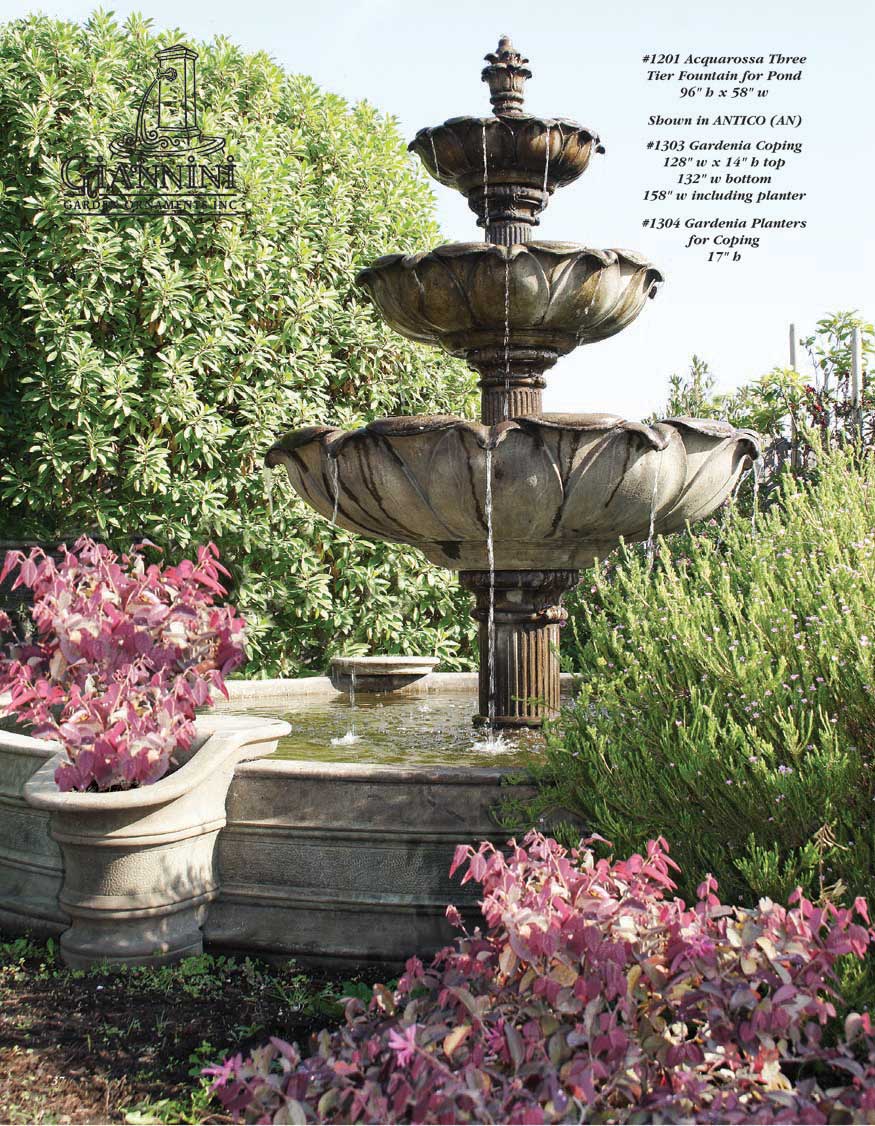 Acquarossa Three Tier Fountain for Pond, Gardenia Coping, Gardeinia Planters for Coping